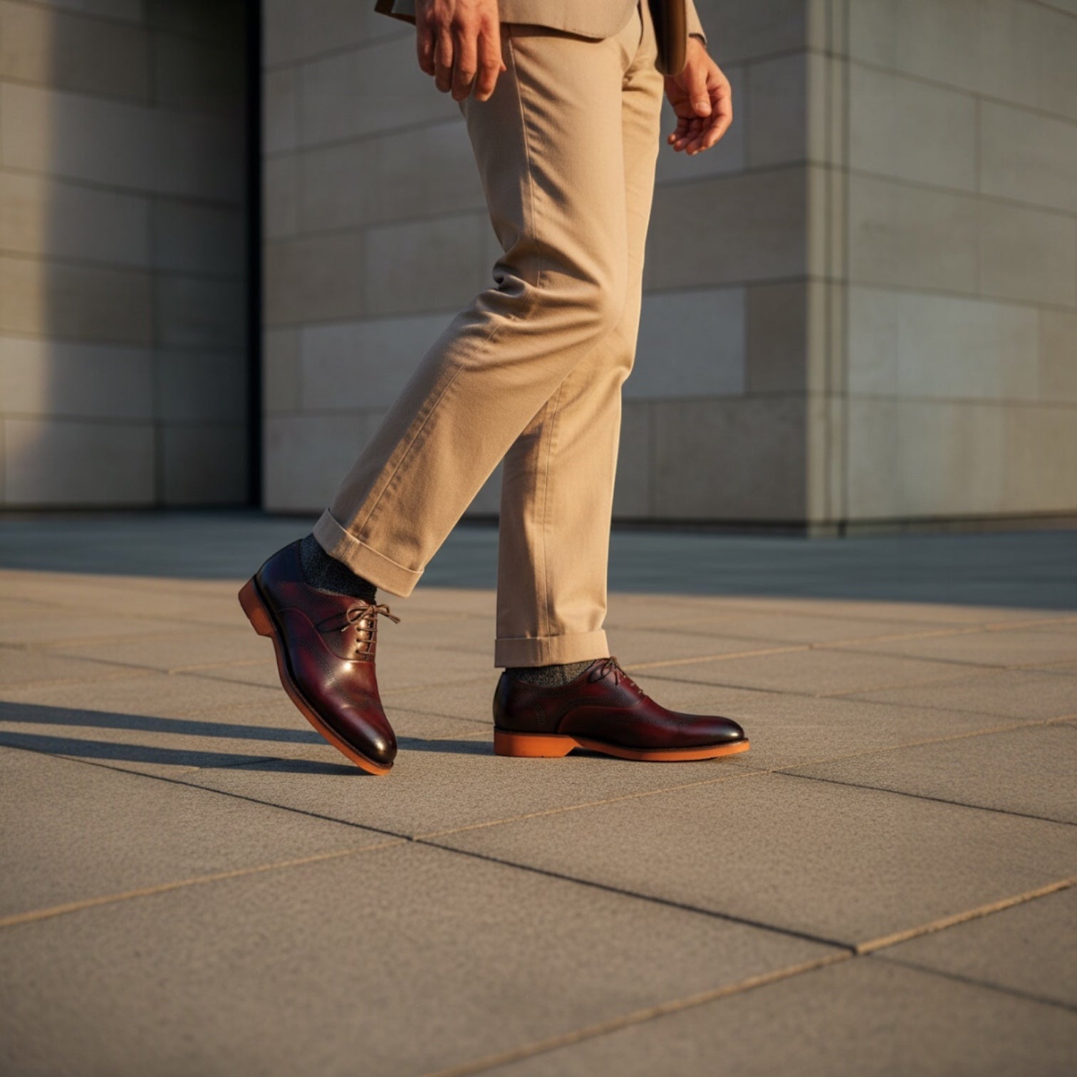 Barcon Getta Inc KIGALI oxblood burgundy leather wingtip brogue Oxford dress shoes with burnt orange sole.