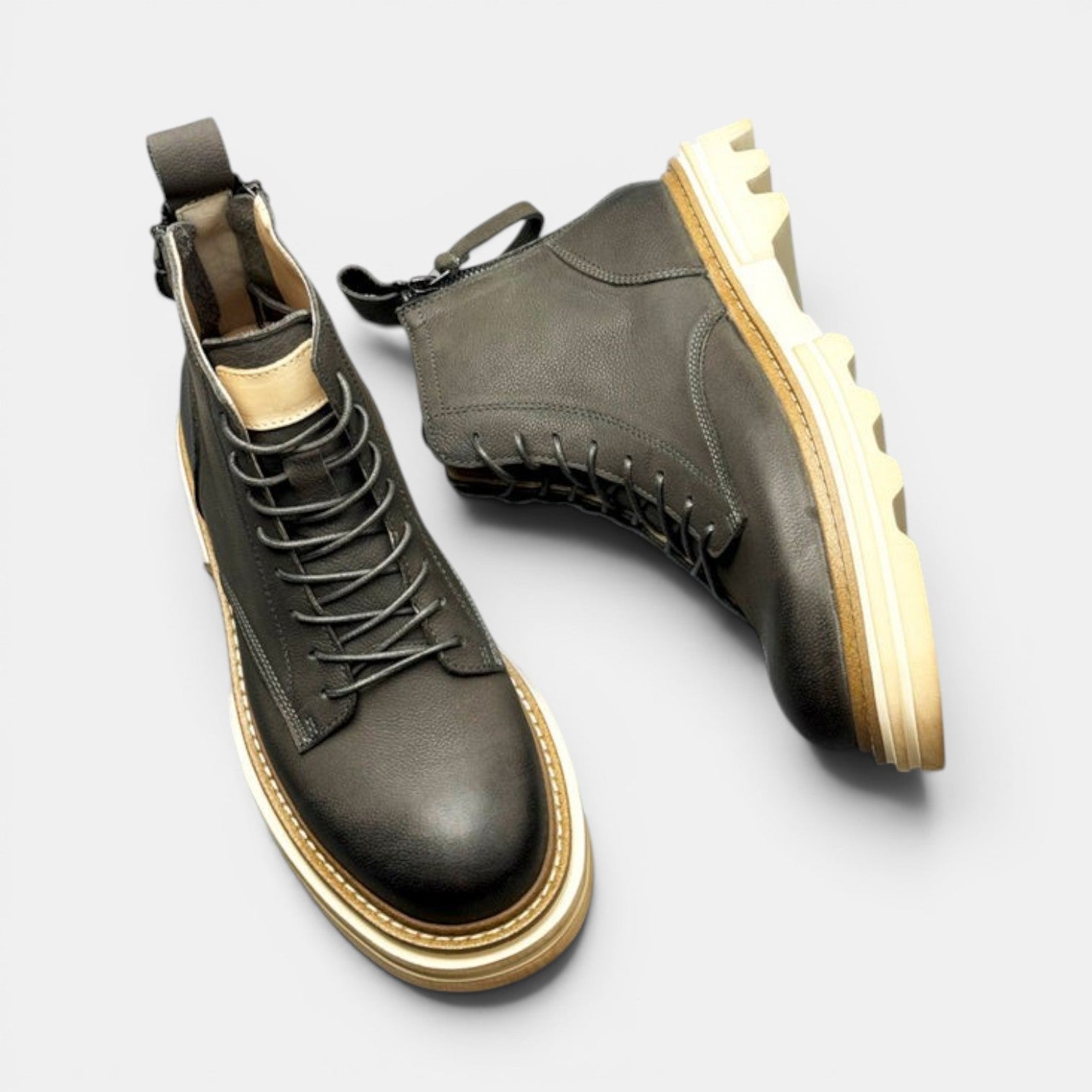 Barcon Getta Inc grey leather lace-up boots with chunky sole and side zip detail.