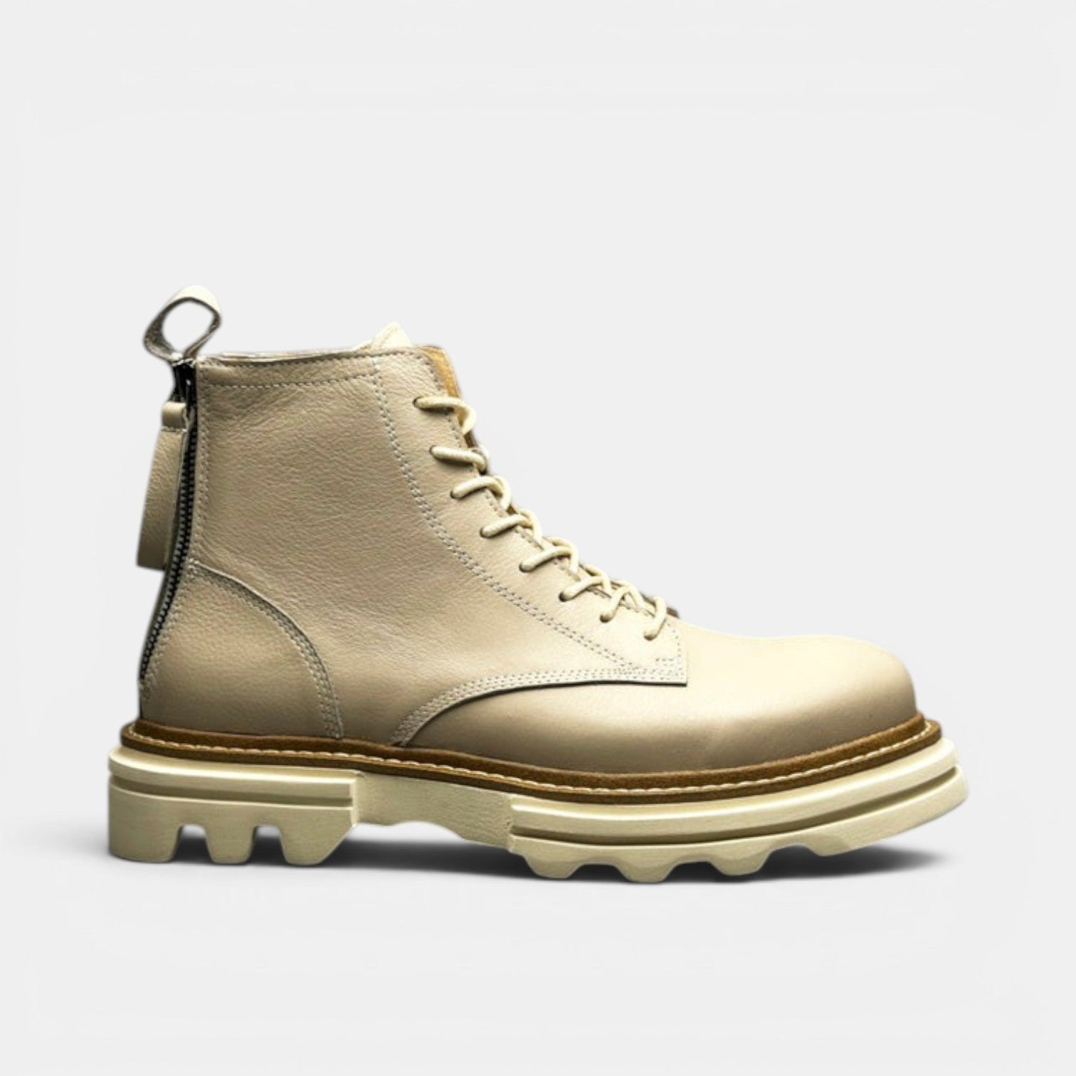 Barcon Getta Inc cream leather Kilimanjaro lace-up boots with side zip and chunky sole
