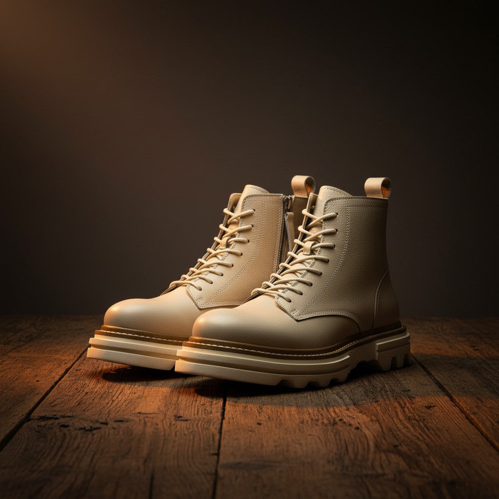 Barcon Getta Inc cream leather Kilimanjaro lace-up boots with side zip and chunky sole