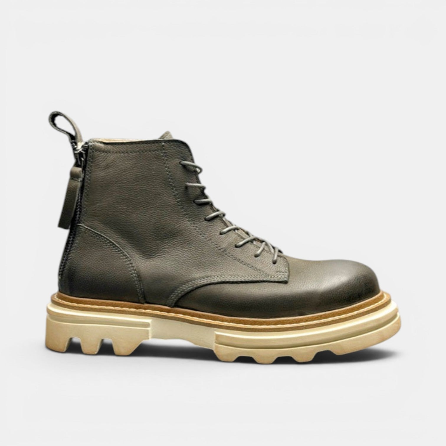 Barcon Getta Inc KILIMANJARO grey full grain calf leather handmade combat boots with chunky sole and back zip.