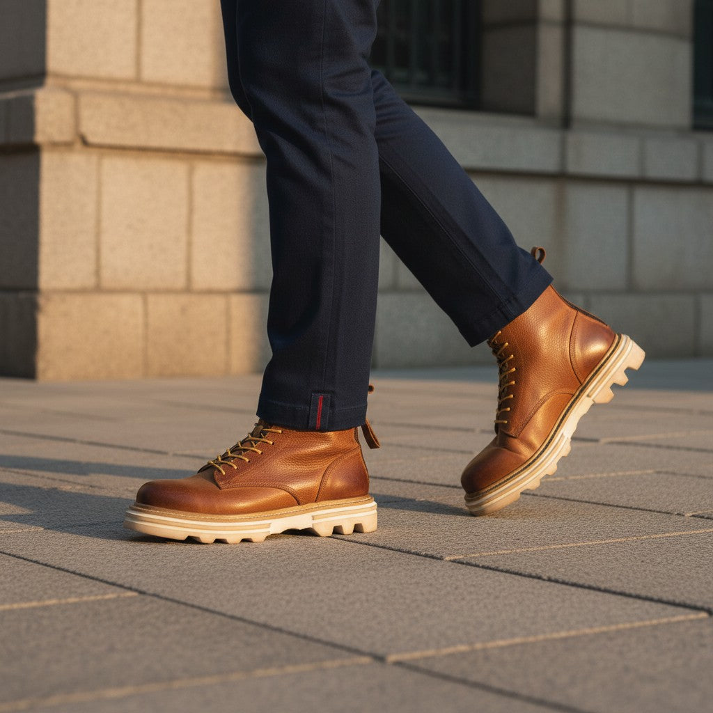 Barcon Getta Inc KILIMANJARO tan full grain leather lace-up combat boots with a side zipper and chunky sole.