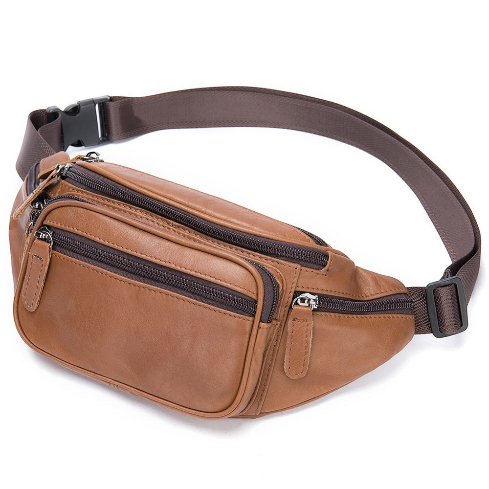 Barcon Getta Inc LAMU brown distressed leather fanny pack with multiple zippered compartments and adjustable strap.
