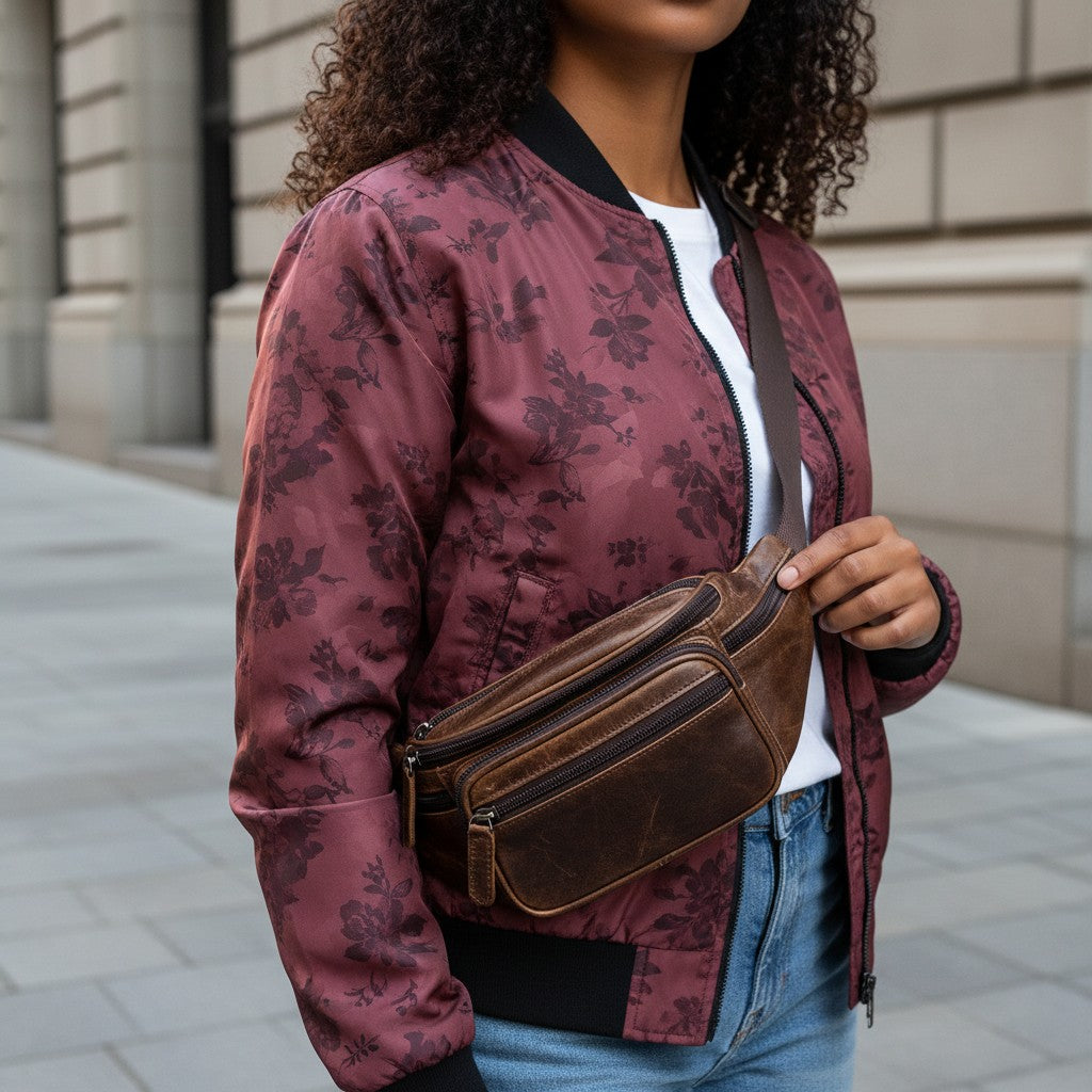 Barcon Getta Inc LAMU fanny bag, handmade from full grain Ethiopian leather in a distressed brown finish. Features multiple zipper pockets and an adjustable strap.