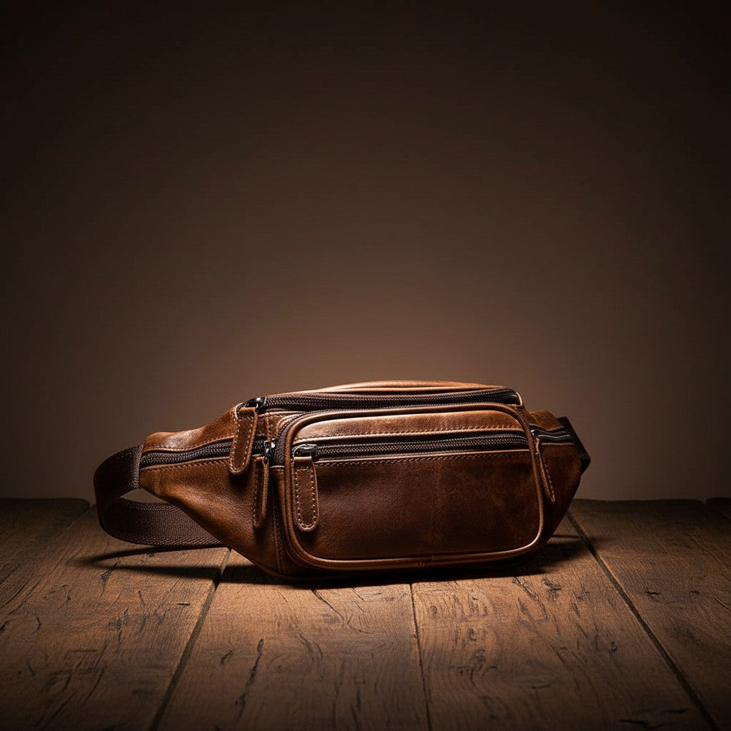 Barcon Getta Inc LAMU fanny bag in distressed brown full grain leather with multiple zippered pockets and adjustable strap.