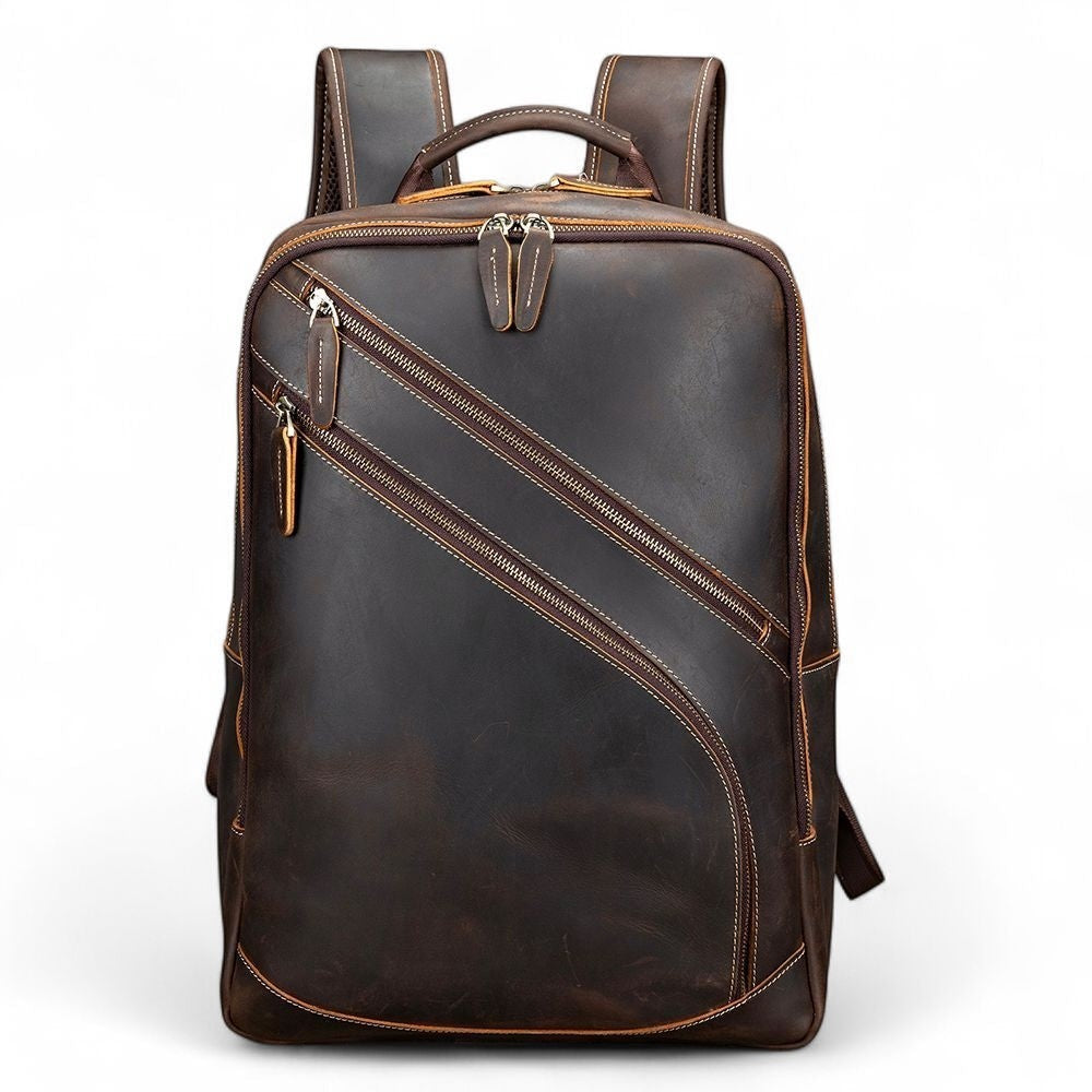 Barcon Getta Inc dark brown crazy horse leather backpack with multiple zippered pockets and breathable straps.
