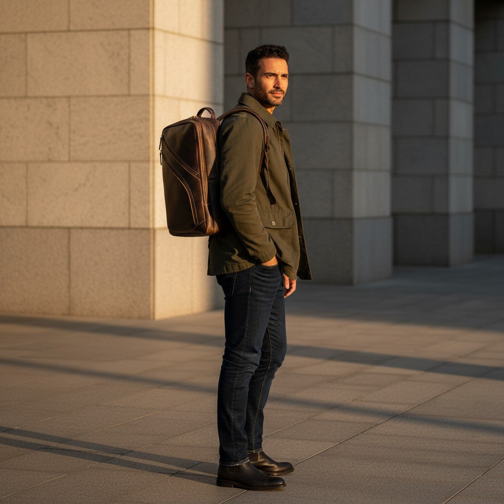 Barcon Getta Inc dark brown crazy horse leather backpack with multiple zipper pockets and padded straps.