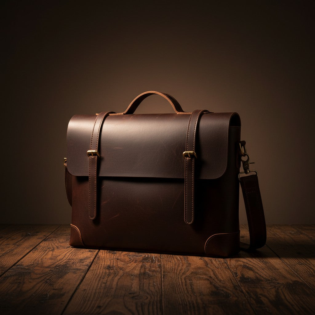 Barcon Getta Inc MANGECHA dark brown full grain leather briefcase with brass buckles and adjustable strap.
