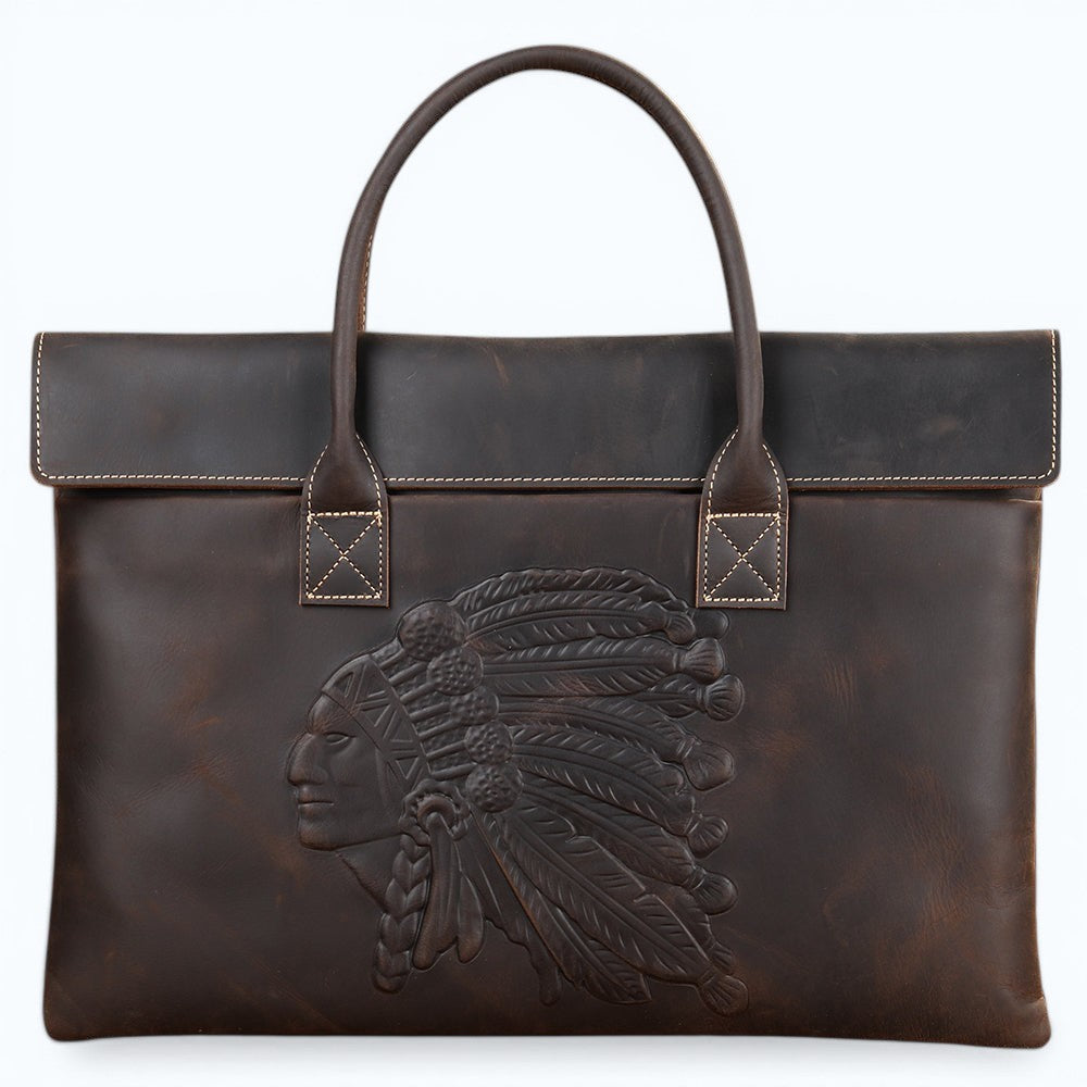 Barcon Getta Inc dark brown full grain leather briefcase with embossed Native American chief design and top handles.