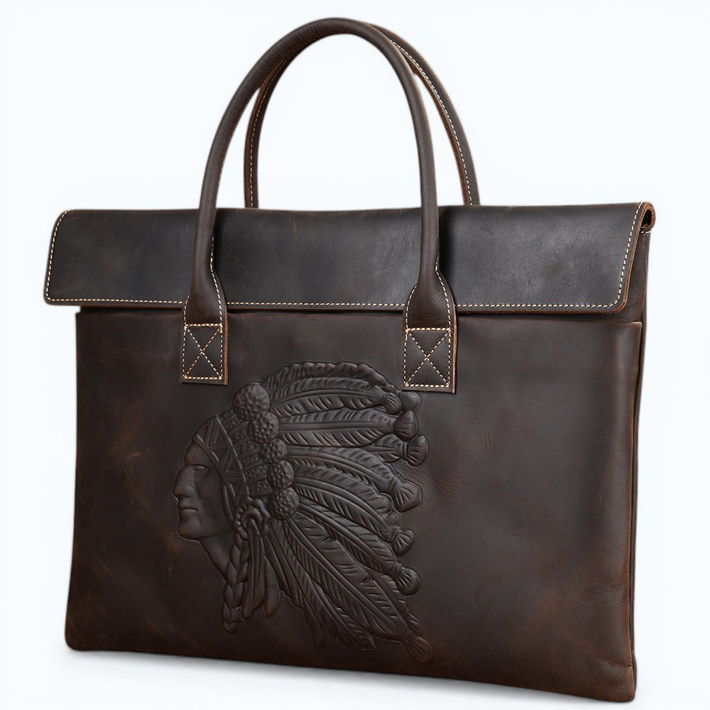 Barcon Getta Inc dark brown full grain leather briefcase with embossed Native American chief design, fits up to 16" laptop.