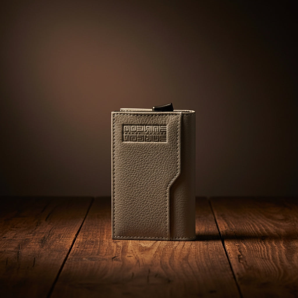 Barcon Getta Inc grey full grain Ethiopian calf leather card holder with embossed logo and snap closure.