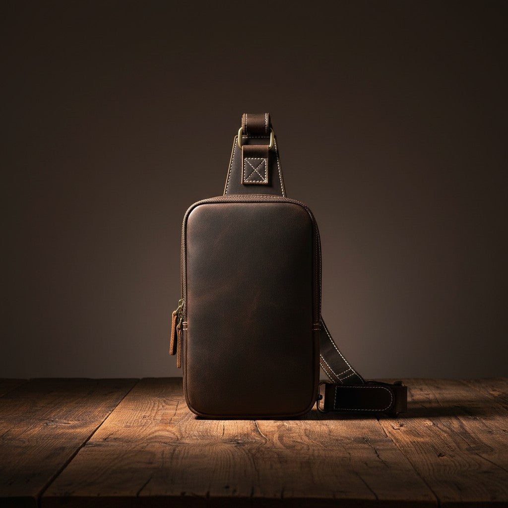 Barcon Getta Inc dark brown genuine leather cross-body bag with adjustable strap and multiple compartments.