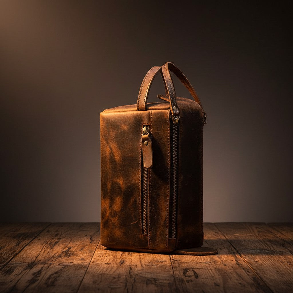 Barcon Getta Inc dark brown distressed leather dopp case with multiple zippered compartments and top handles.