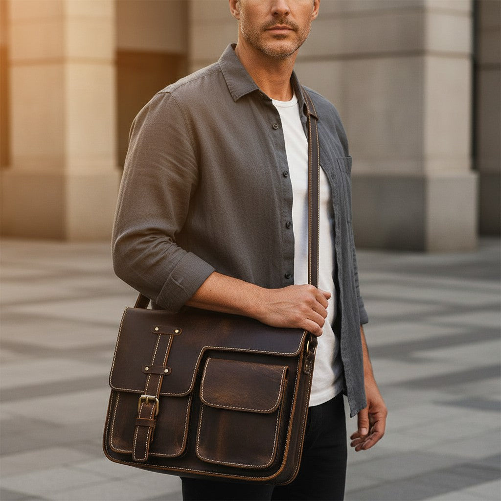 Barcon Getta Inc dark brown full grain leather messenger bag with buckle closure and multiple pockets.