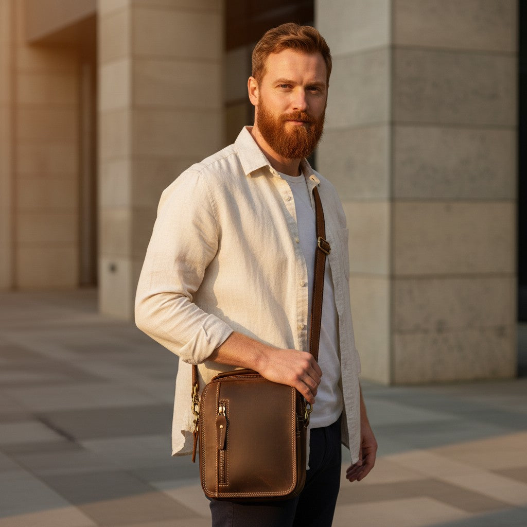 Barcon Getta Inc dark brown full grain leather shoulder bag with zipper pocket and adjustable strap.