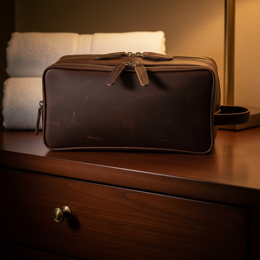 Barcon Getta Inc dark brown leather travel kit with multiple zippered compartments and a side handle.