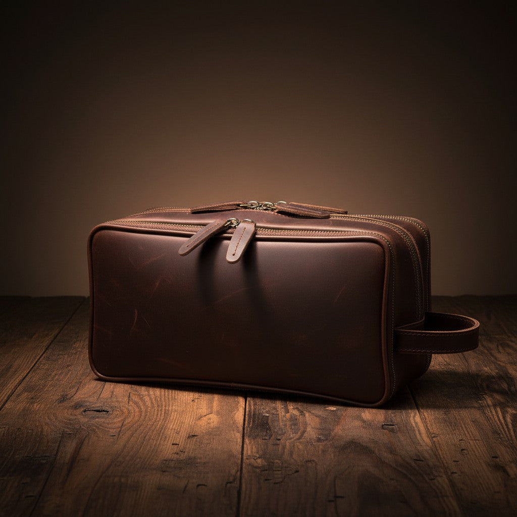 Barcon Getta Inc dark brown leather travel kit with multiple zippered compartments and a side handle.