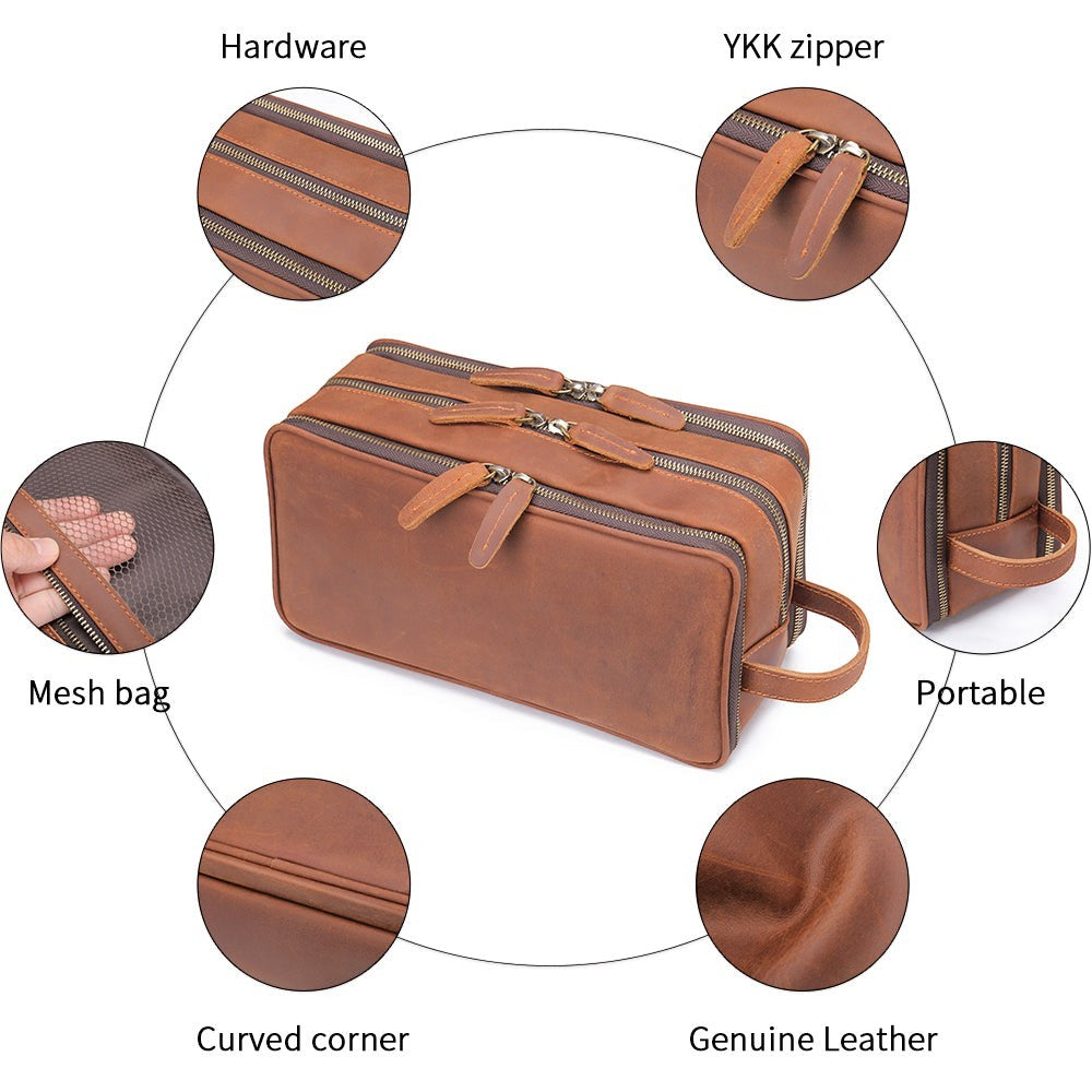 Barcon Getta Inc brown genuine leather travel toiletry bag with multiple compartments and YKK zippers.