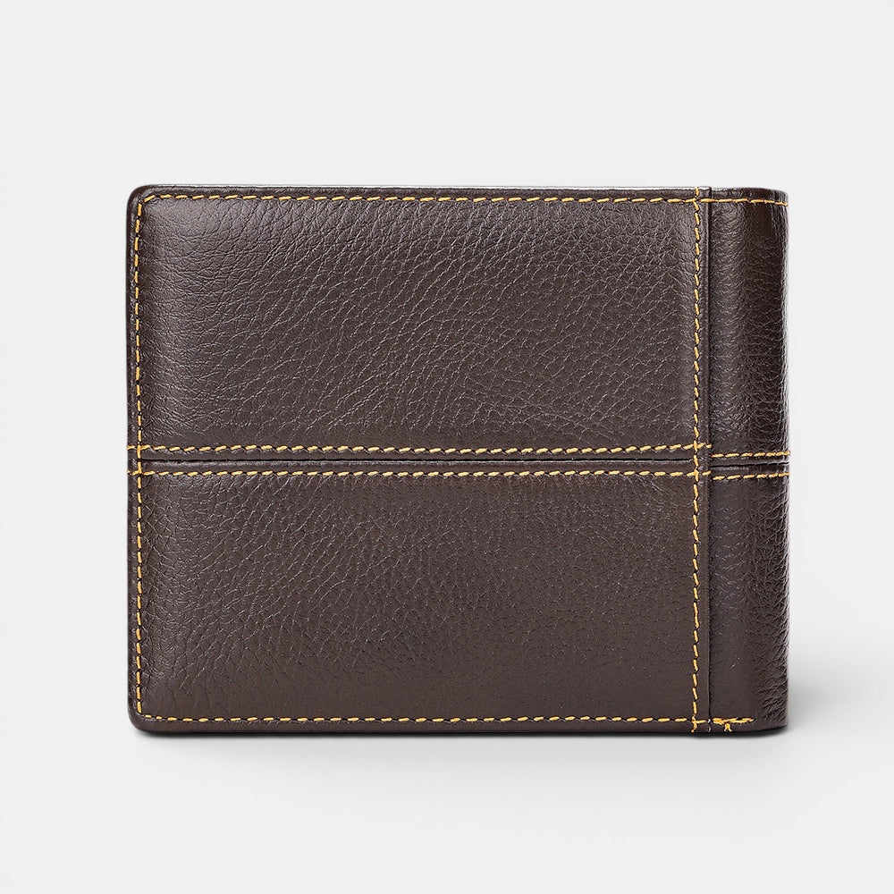 Barcon Getta Inc dark brown full grain leather wallet with 8 card slots, coin slot, bill compartments, ID window, and anti-theft swipe.