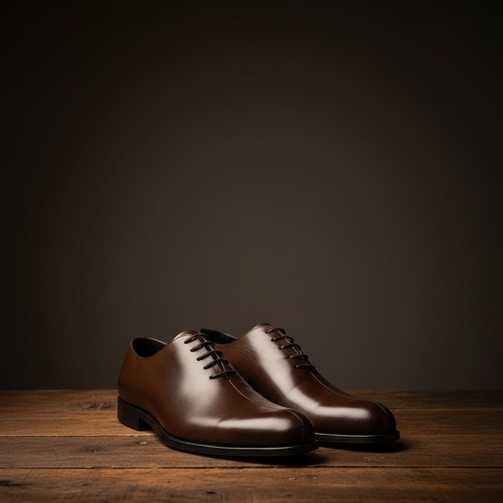 Barcon Getta Inc LOBAMBA whole-cut Oxford dress shoes in hand-burnished cognac brown full grain leather with a single vertical toe split seam.