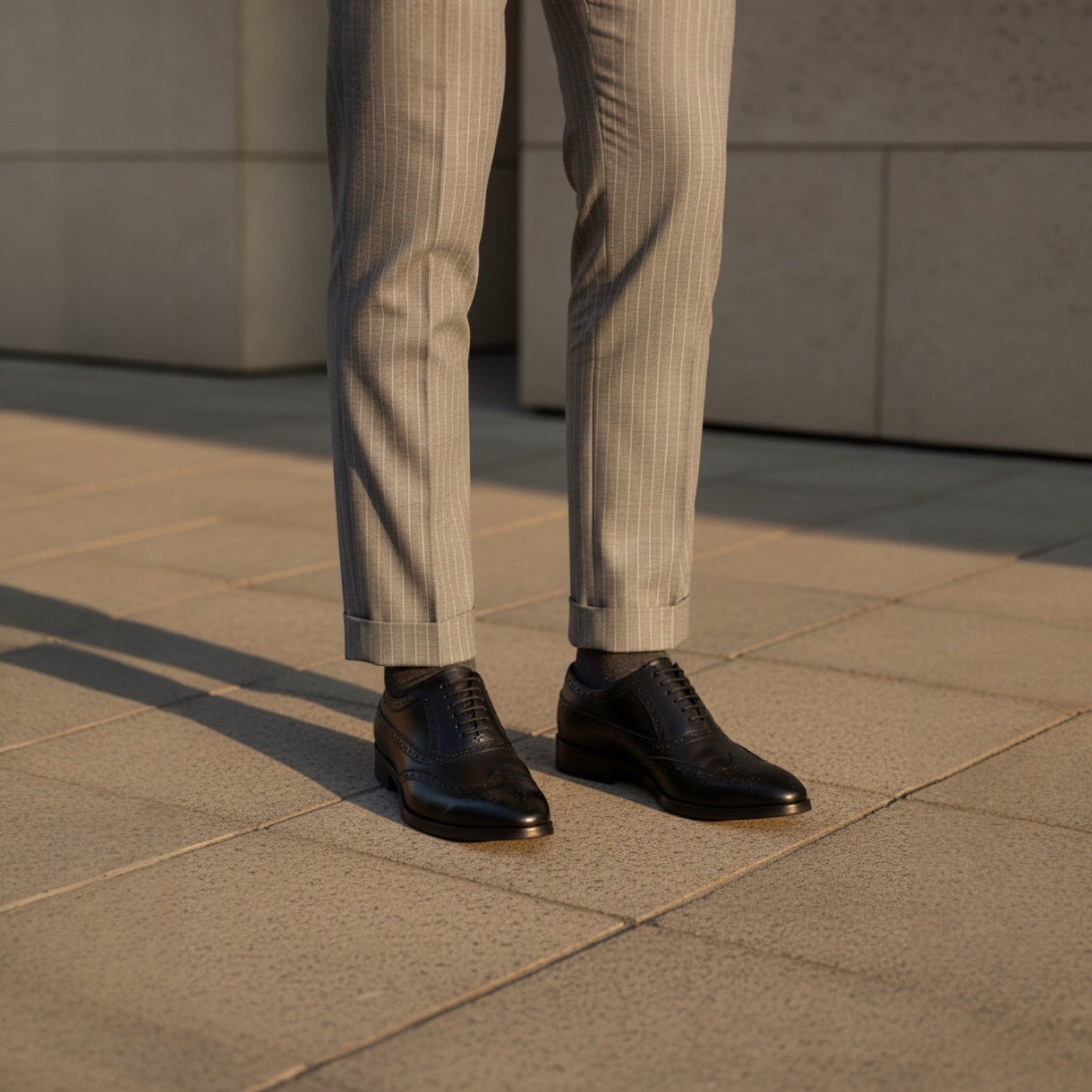 Barcon Getta Inc LOME black full grain leather wingtip Oxford dress shoes with medallion toe perforations.
