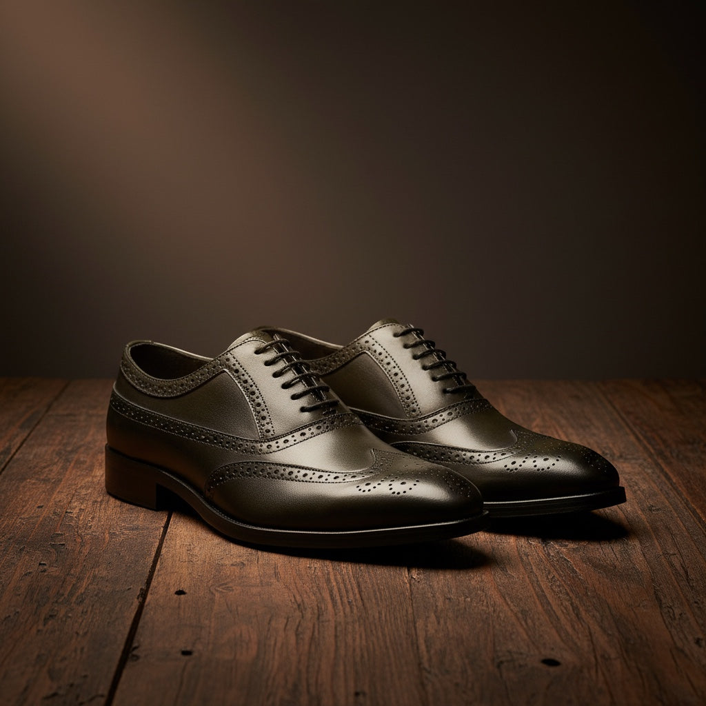 Barcon Getta Inc LOME wingtip Oxford dress shoes in deep charcoal graphite with blue iridescence. Full brogue perforations and medallion toe.