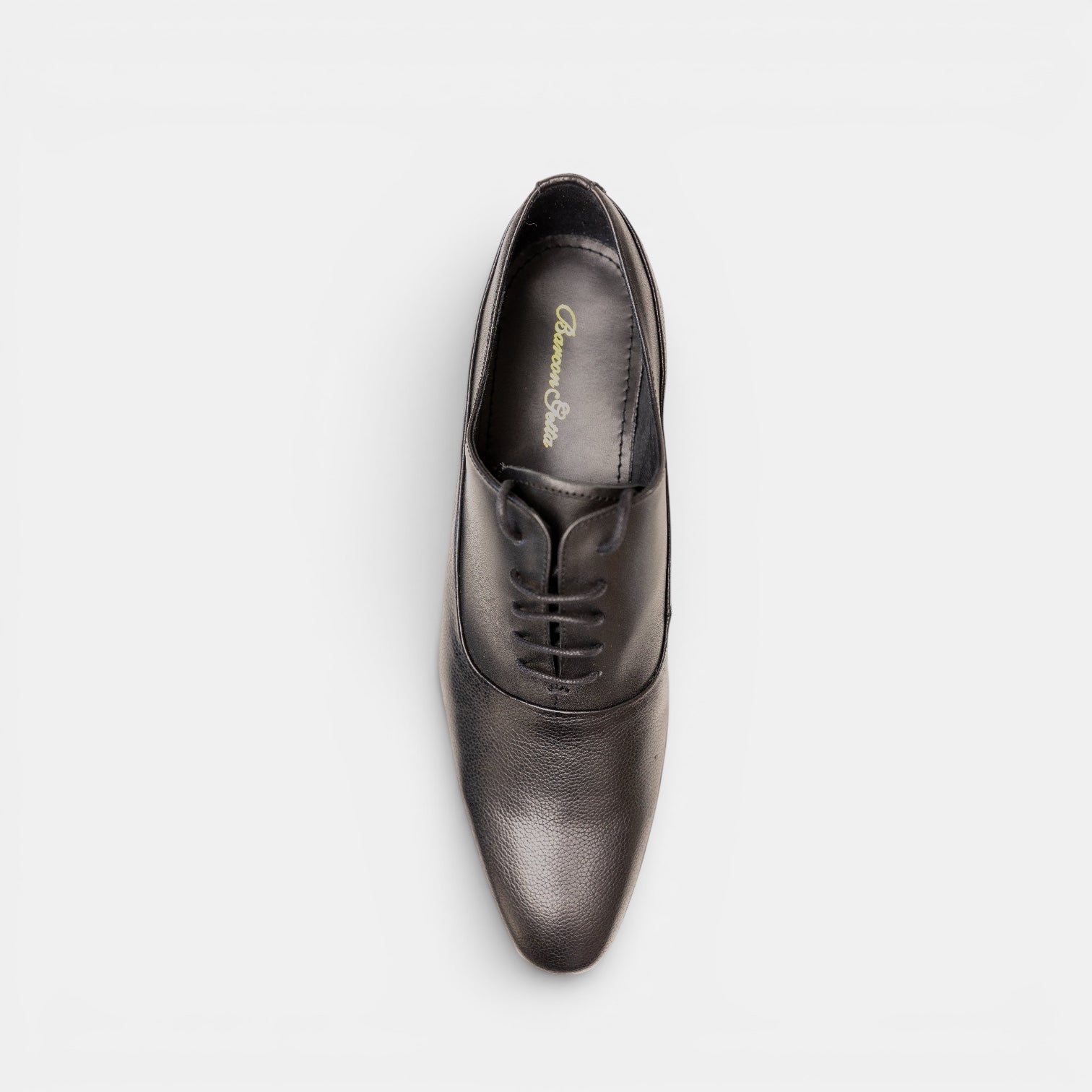 Barcon Getta Inc LUSAKA dark charcoal graphite plain toe Oxford dress shoes made of full grain leather with smooth vamp and pebbled quarter.