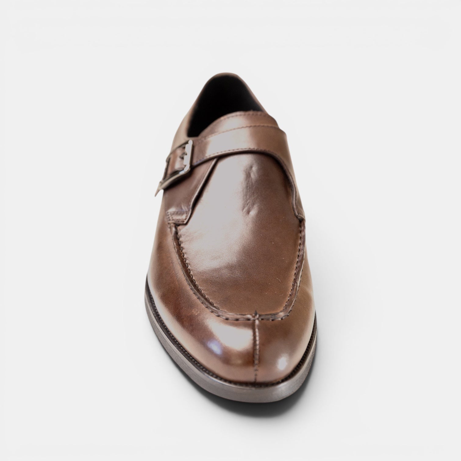 Barcon Getta Inc MA’EDO single monk strap dress shoe in warm mocha brown full grain leather with gold buckle and apron toe.