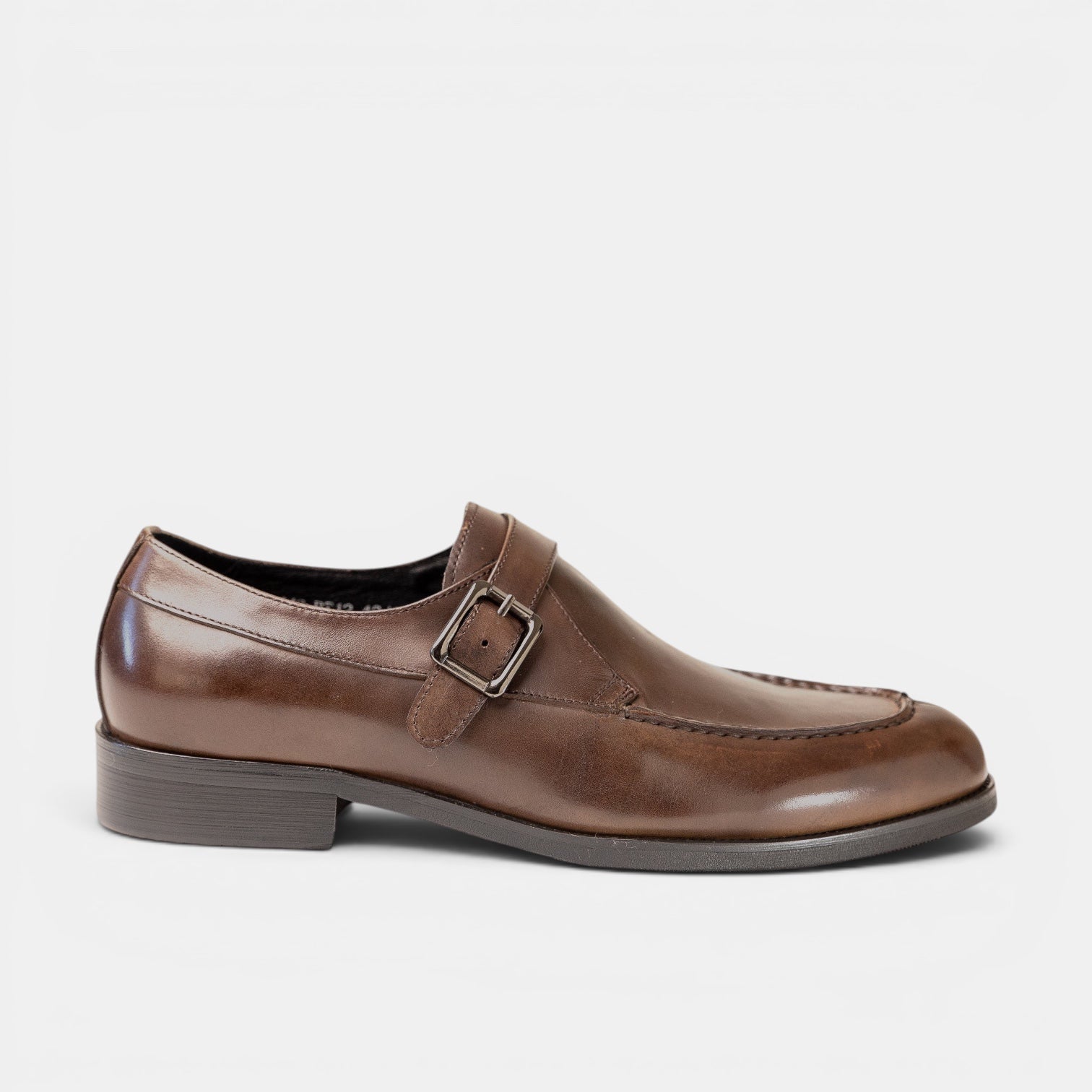 Barcon Getta Inc MA’EDO single monk strap dress shoe in warm mocha brown full grain leather with apron toe and gold buckle.