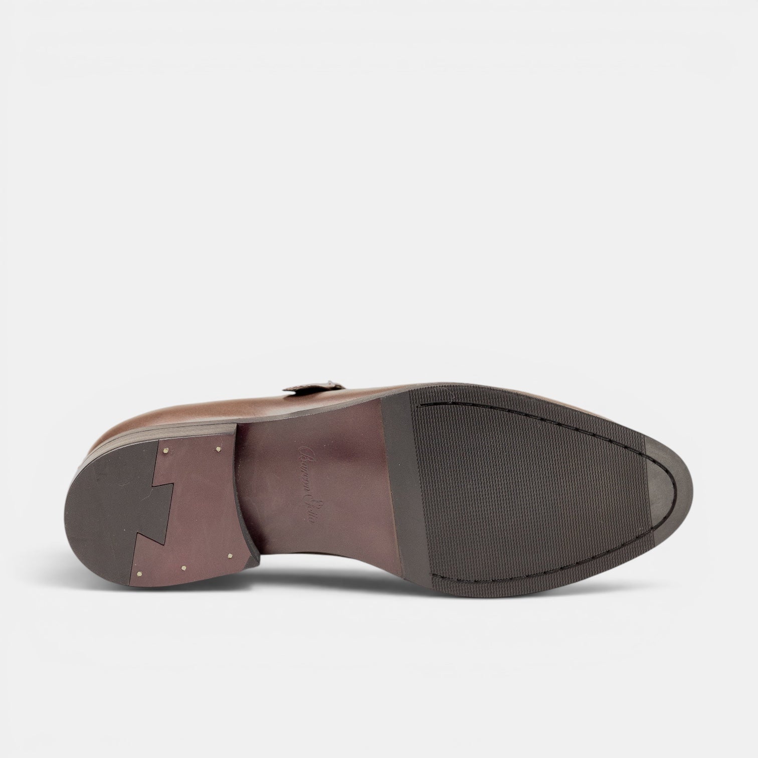 Barcon Getta Inc MA’EDO single monk strap dress shoes in warm mocha brown full grain leather with apron toe and gold buckle.
