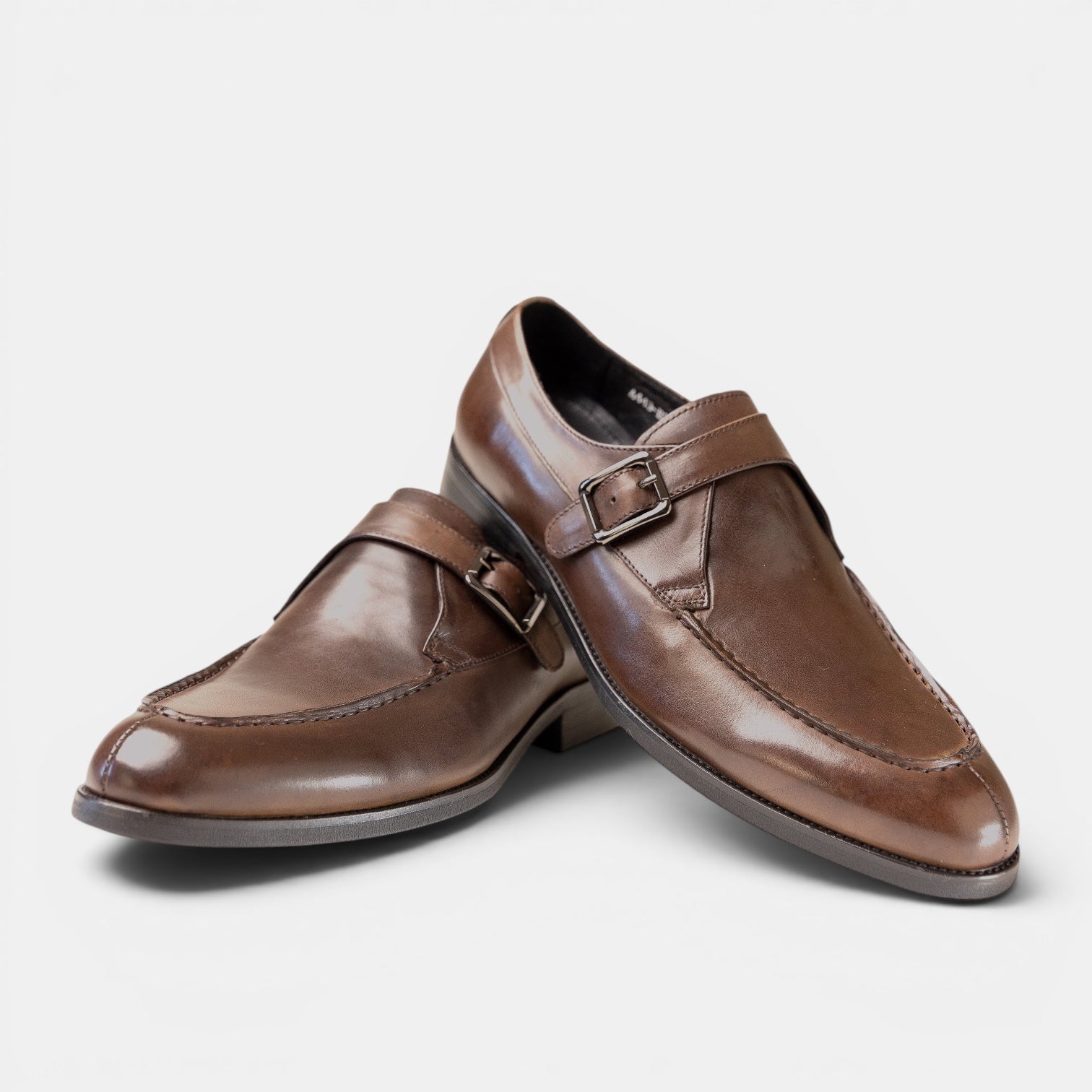 Barcon Getta Inc MA’EDO single monk strap dress shoes in warm mocha brown full grain leather with gold buckle and apron toe.