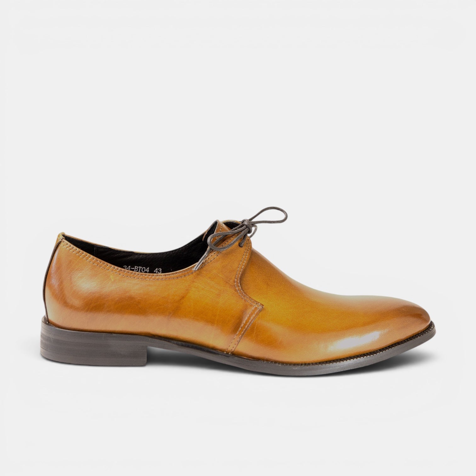Barcon Getta Inc MALABO amber tan single lace derby dress shoe, East African full grain leather, plain toe, 1 eyelet, bow tie closure.