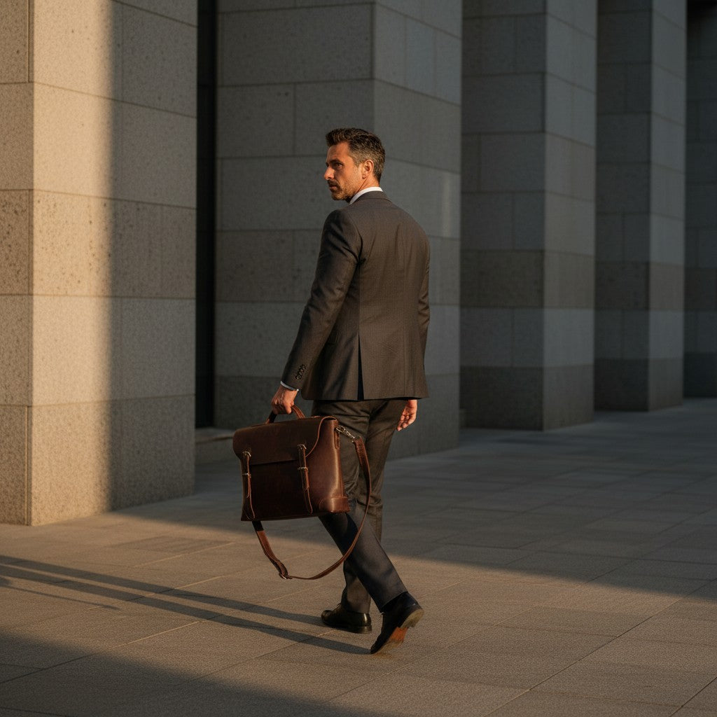 Barcon Getta Inc MANGECHA dark brown full grain leather briefcase with buckle straps and adjustable shoulder strap.