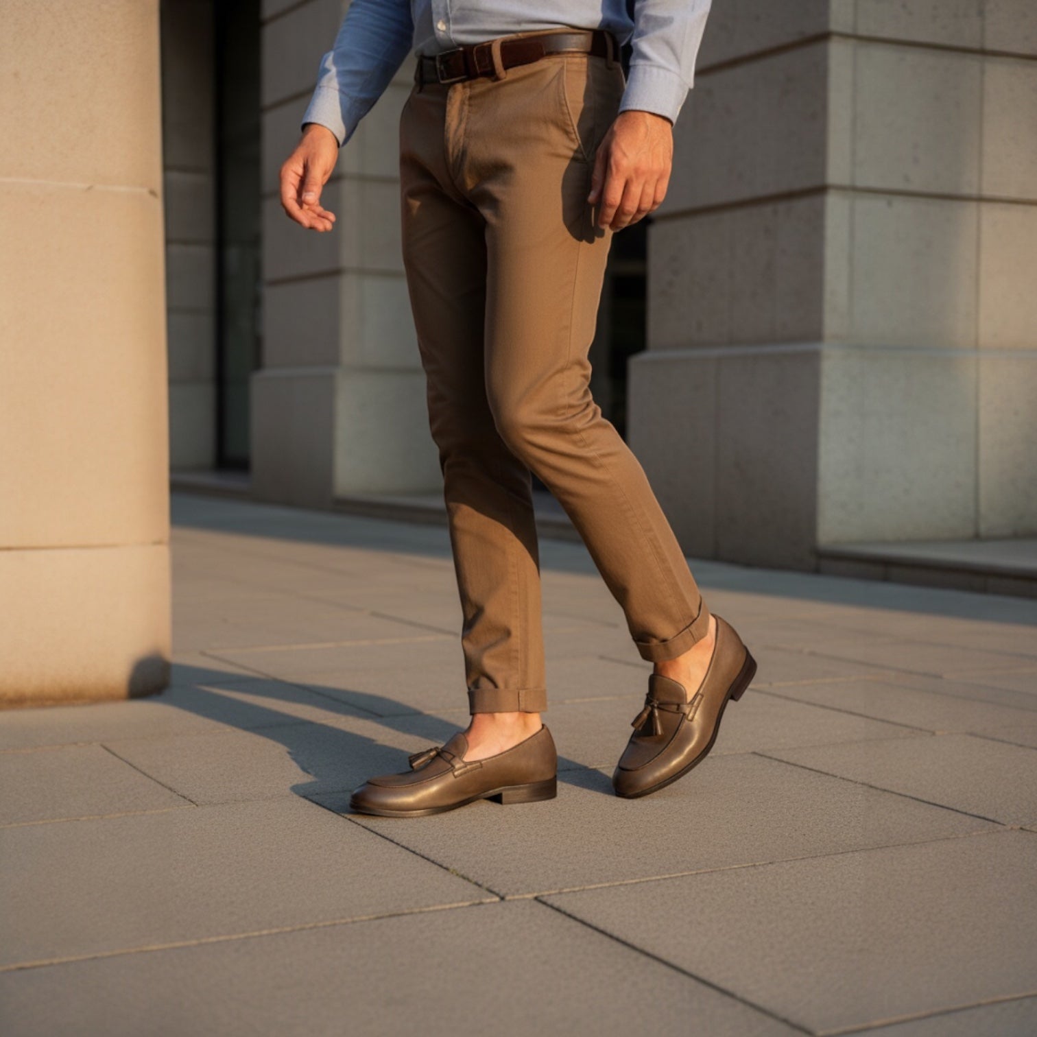 Barcon Getta Inc MANZINI taupe full-grain leather tassel loafers with apron toe and matte finish.