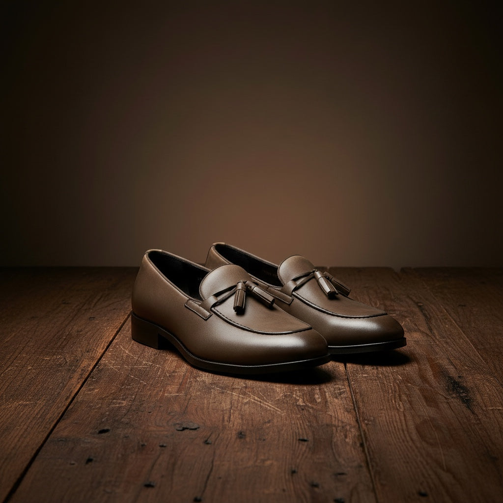 Barcon Getta Inc MANZINI taupe full-grain leather tassel loafers with apron toe and stacked heel.