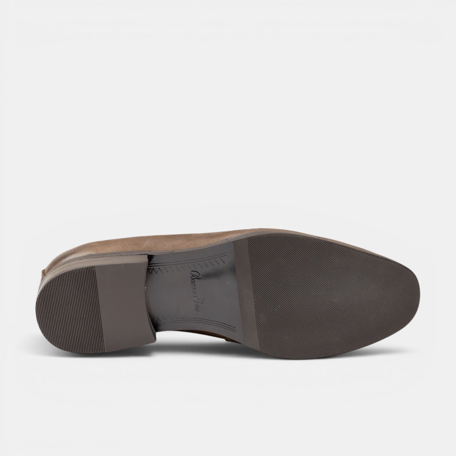Barcon Getta Inc MANZINI taupe full-grain leather tassel loafer with apron toe and stacked heel.