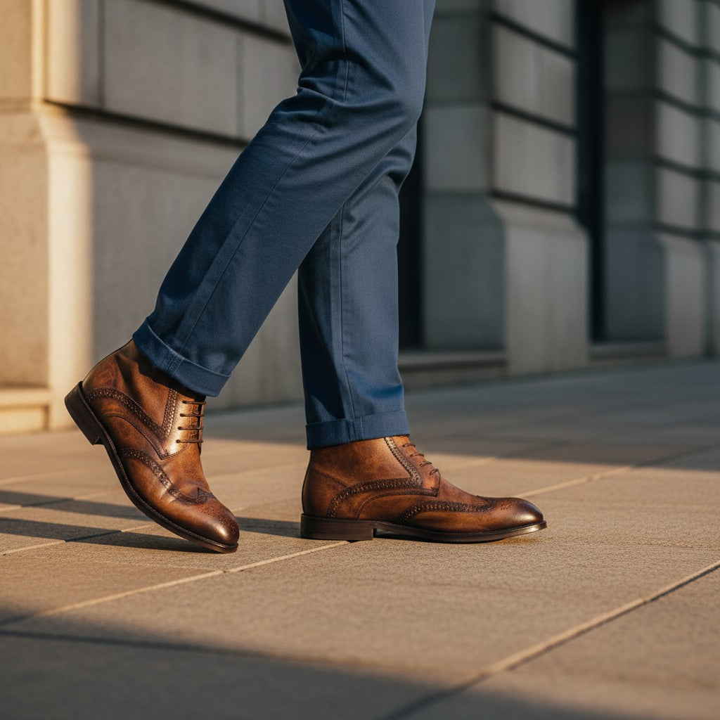 Barcon Getta Inc MAPUTO brown full grain leather wingtip boots with brogue detailing and lace-up closure.