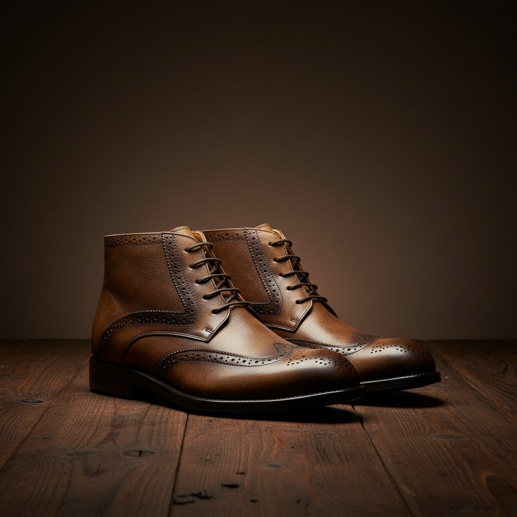 Barcon Getta Inc MAPUTO brown full grain leather wingtip boots with brogue detailing and lace-up closure.