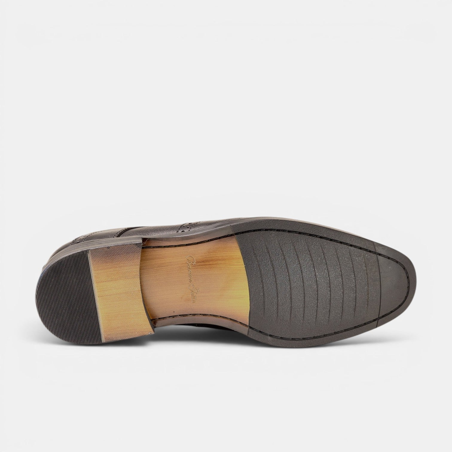 Barcon Getta Inc MAPUTO handmade brown full grain leather dress shoe sole with rubber heel.