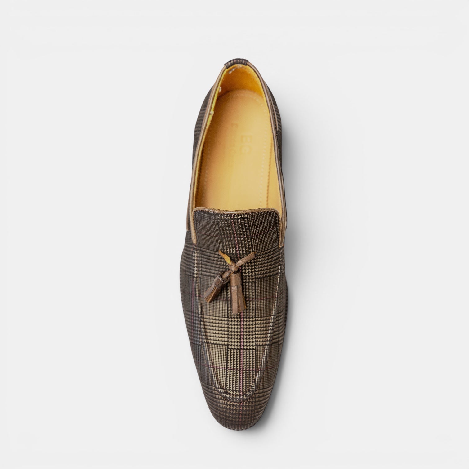 Barcon Getta Inc MASERU charcoal grey Glen plaid suede tassel loafer with a rounded toe and stacked heel.