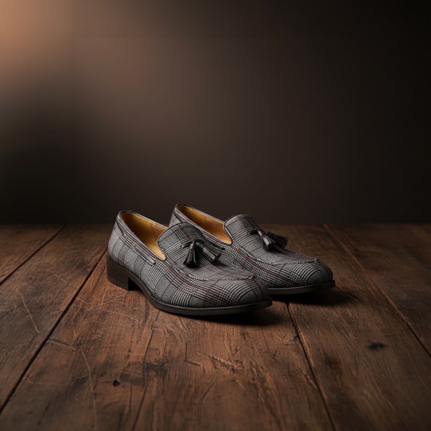 Barcon Getta Inc MASERU charcoal grey Glen plaid suede tassel loafers with leather lining and stacked heel.