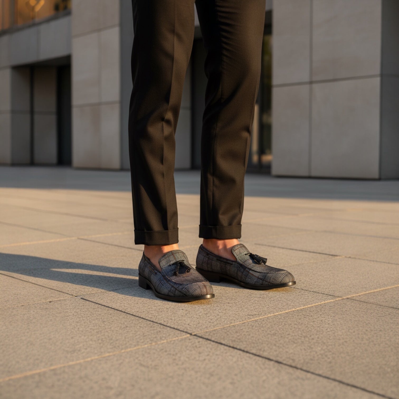 Barcon Getta Inc MASERU charcoal grey Glen plaid suede tassel loafers with rounded toe and stacked heel.