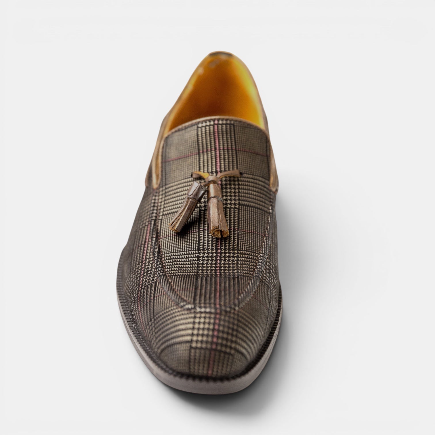 Barcon Getta Inc MASERU Glen plaid suede tassel loafer in charcoal grey with tan leather lining and a rounded toe.
