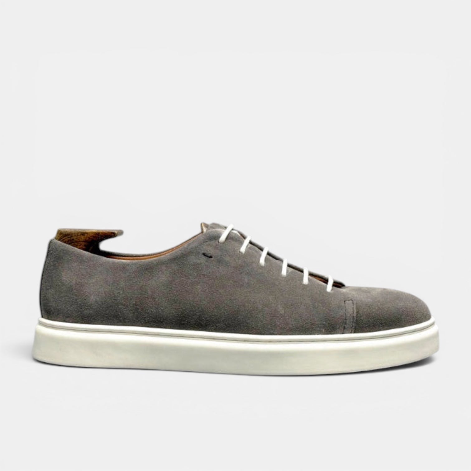 Barcon Getta Inc MEDA LOW TOP SUEDE sneaker in slate grey suede with white laces and a white rubber sole.