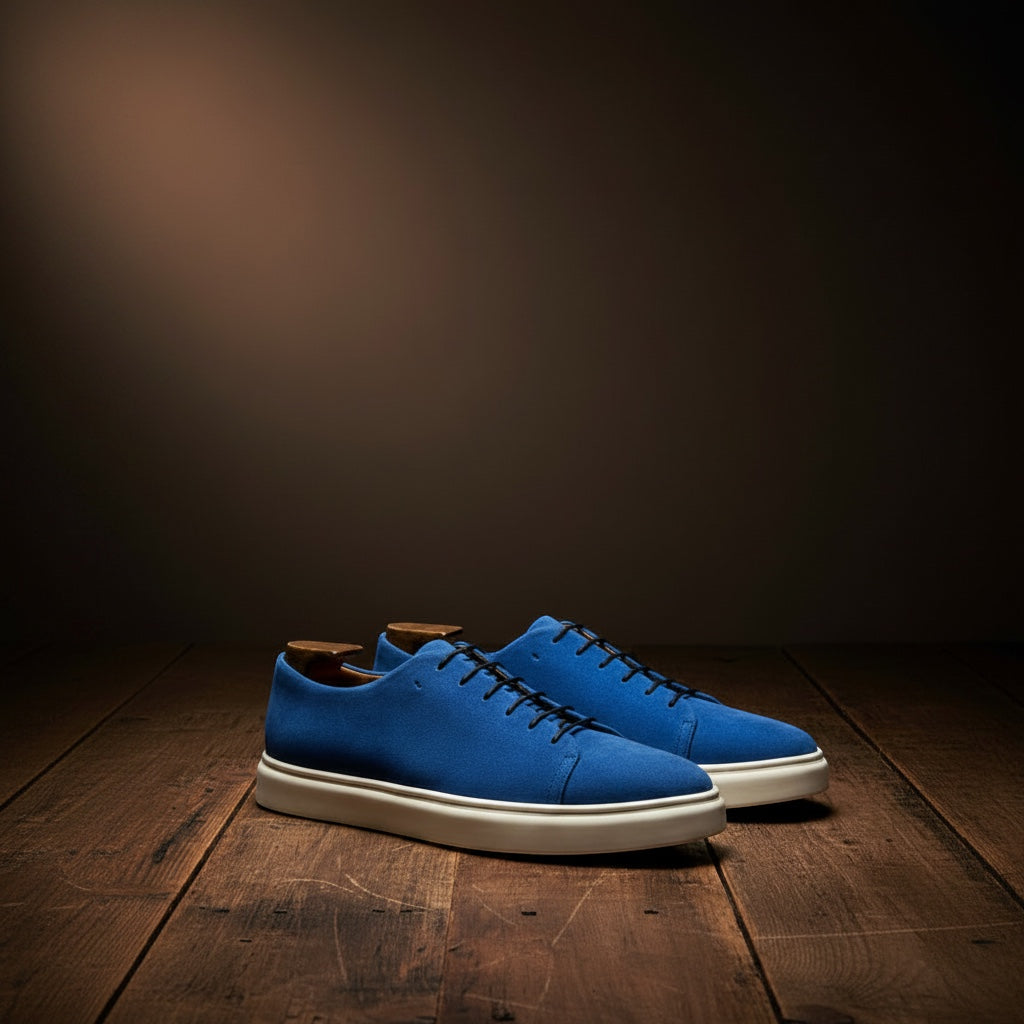 Barcon Getta Inc MEDA LOW TOP SUEDE sneakers in cobalt blue suede with white stitching and white rubber soles.