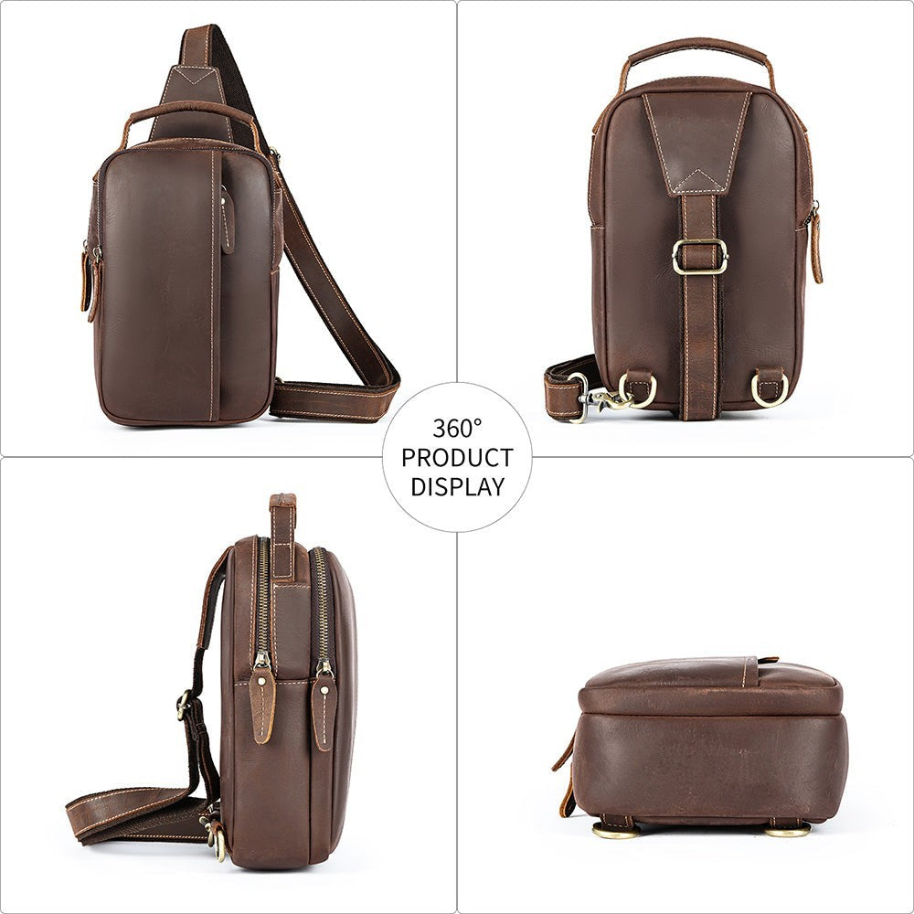 Barcon Getta Inc MERIDIAN brown genuine leather vertical cross-body bag with multiple zippered compartments and adjustable strap.