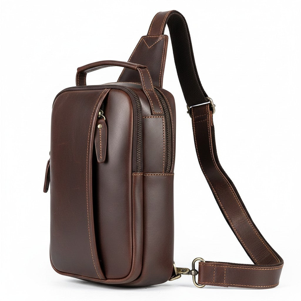 Barcon Getta Inc MERIDIAN brown genuine leather cross-body bag with adjustable strap and multiple compartments.