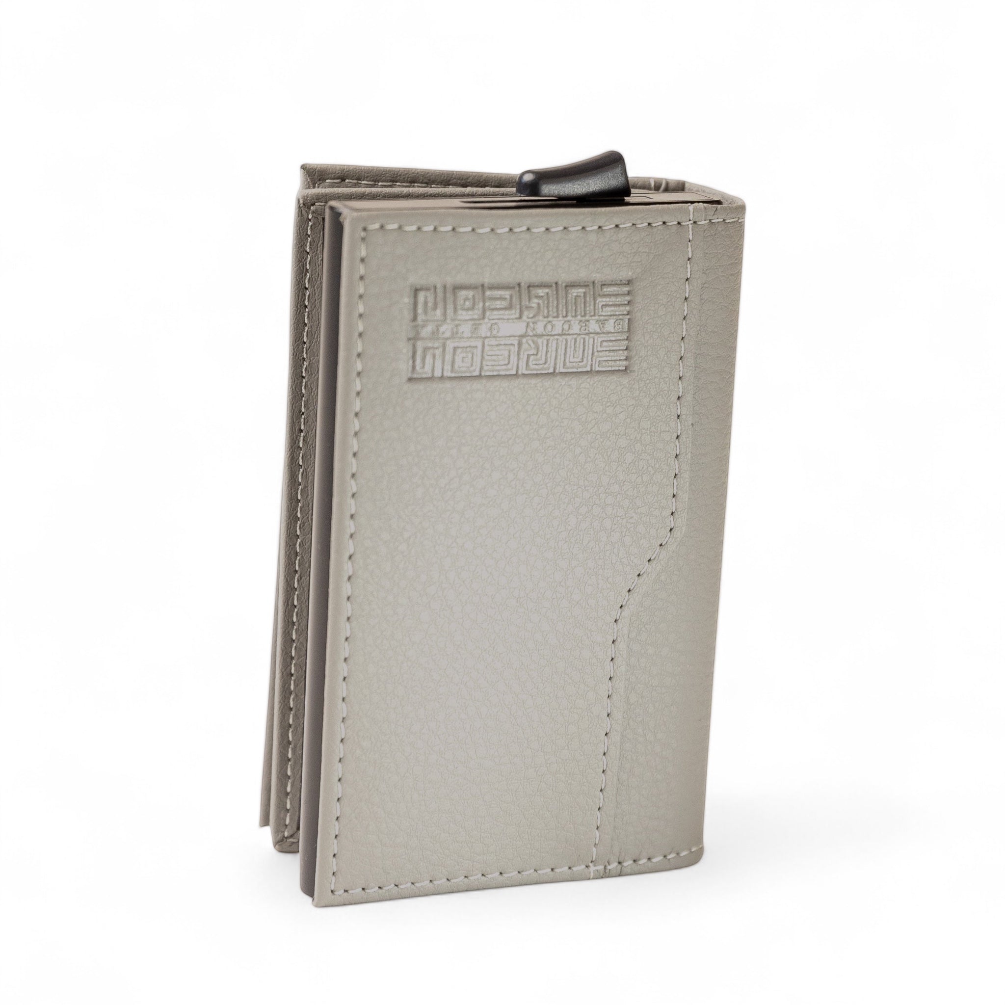 Barcon Getta Inc minimalist grey full grain leather card holder wallet with 5 card capacity and 3 slots.