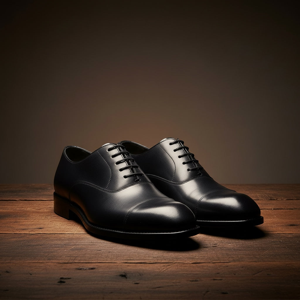 Barcon Getta Inc MOGADISHU CLASS black full grain leather cap toe Oxford dress shoes.