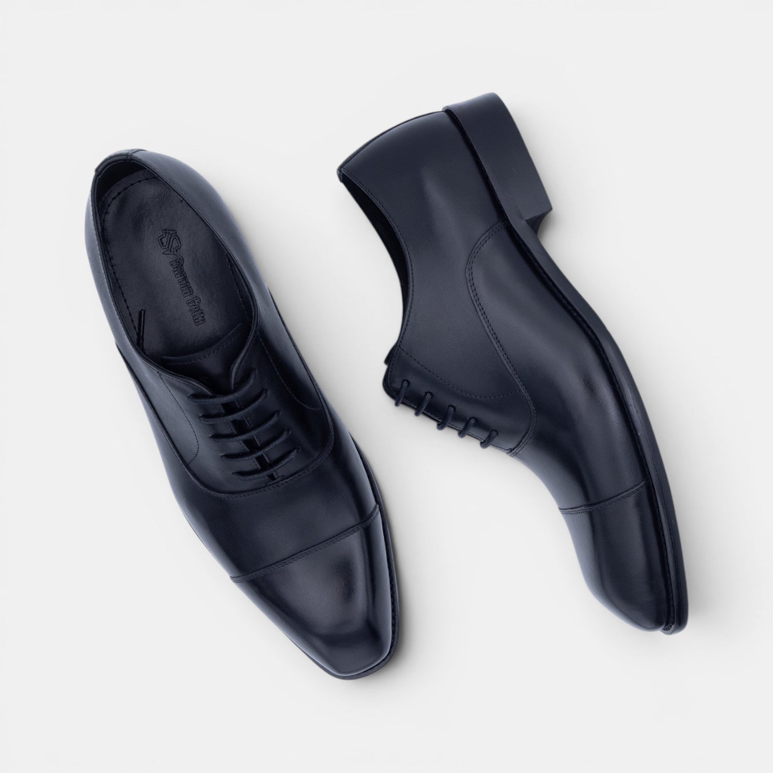 Barcon Getta Inc MOGADISHU CLASS navy full grain leather cap toe Oxford dress shoes with closed lacing.
